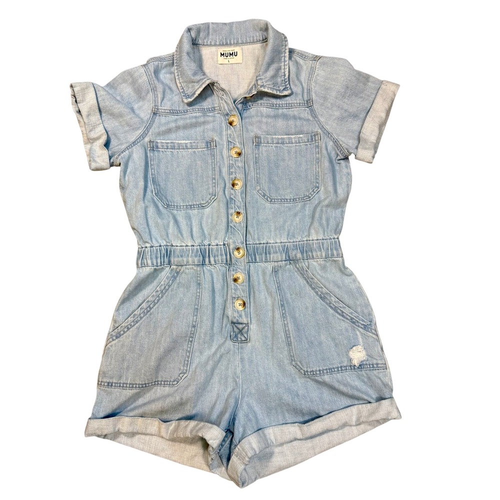 Show Me Your Mumu Cannon Romper‎ Denim Button Front Distressed Festival WearL